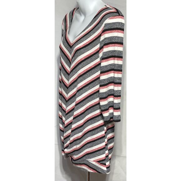 Christopher Banks Tunic Sweater L Red Blk Stripe V-neck 3/4 Sleeve Boho Hippie - Picture 2 of 8